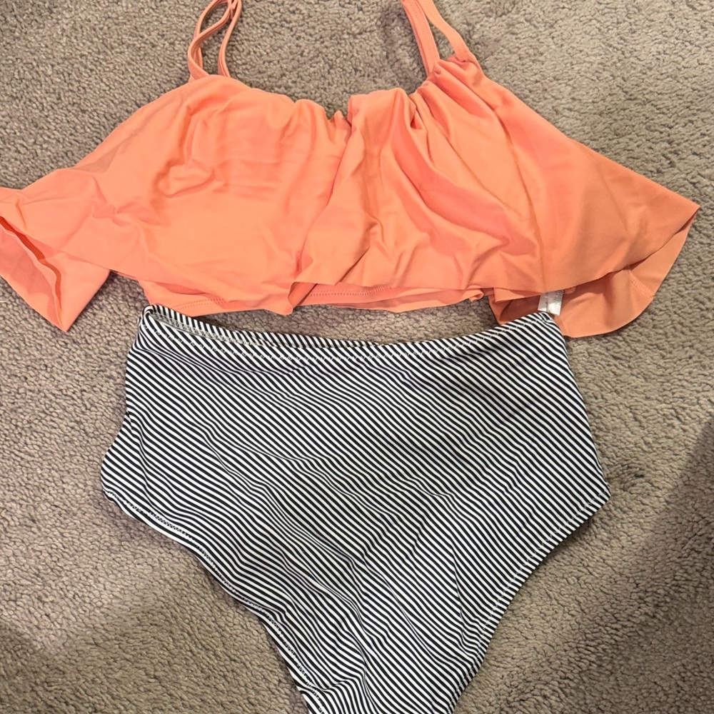 Cupshe Coral Ruffle Bikini with Striped Bottoms